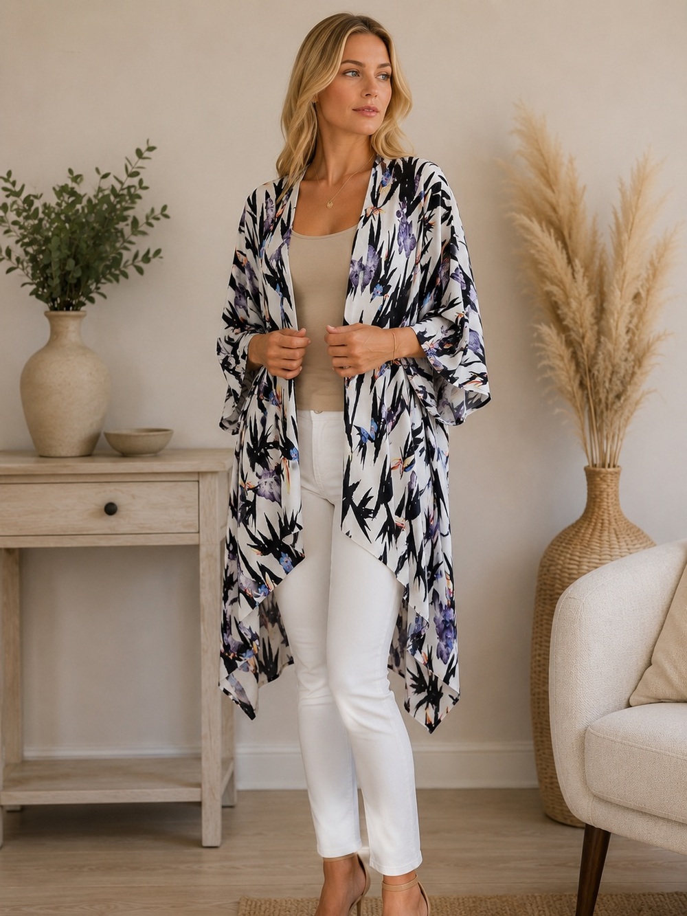 Nicole Miller Artelier Tropical Bird Print Open Front Kimono One Size